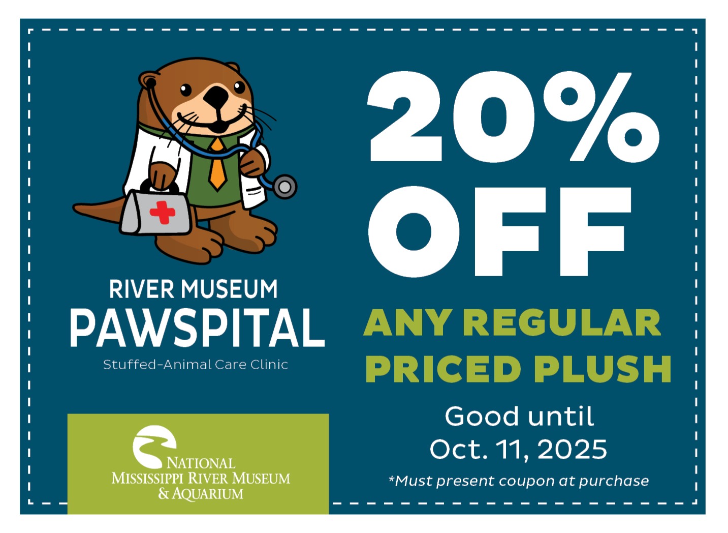 a coupon for 20% off any regular priced plush through October 11, 2025 as part of the Pawspital promotion