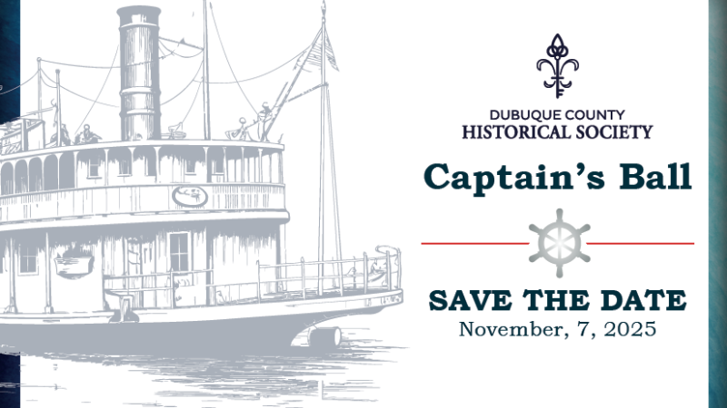 A steamboat illustration with a blue border and a save the date reminder for Captain's Ball