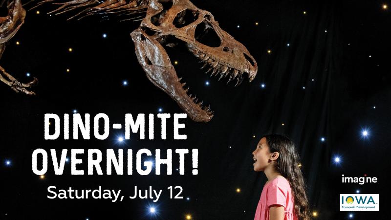 night sky with dinosaur and text reading Dino-Mite Overnight
